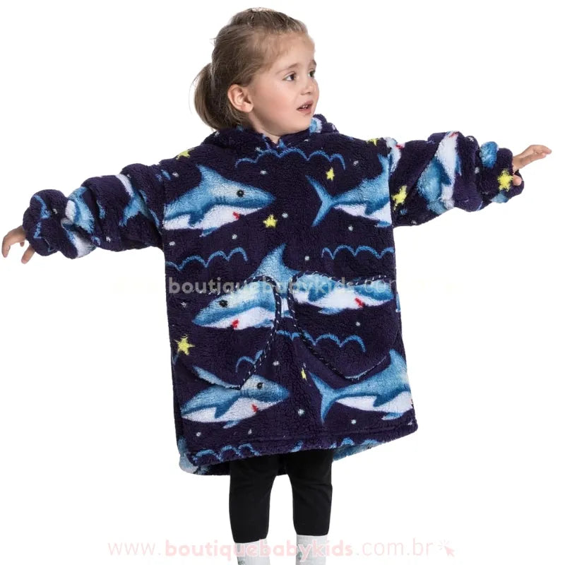 Cobertor de Vestir Infantil Tubarão do Oceano Oversized Azul com Capuz - Boutique Baby Kids