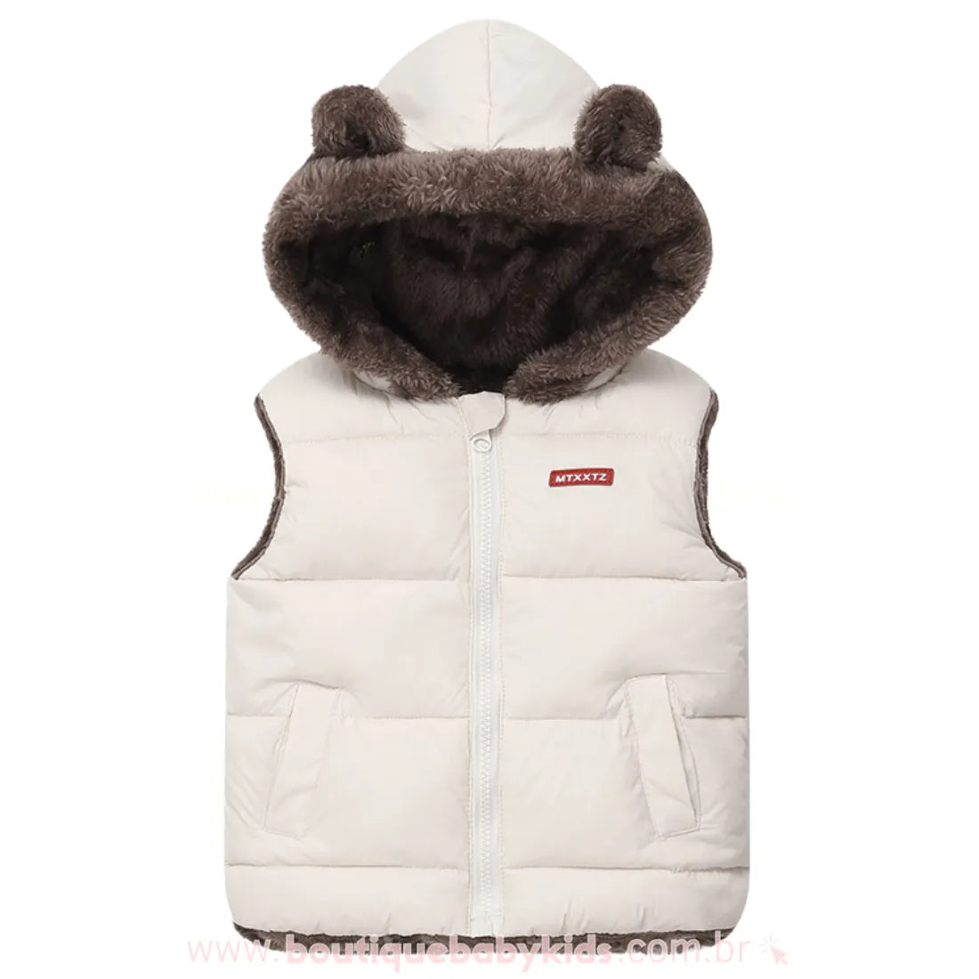 Colete Infantil Corta Vento Forrado Ursinho com Capuz Branco - Boutique Baby Kids 