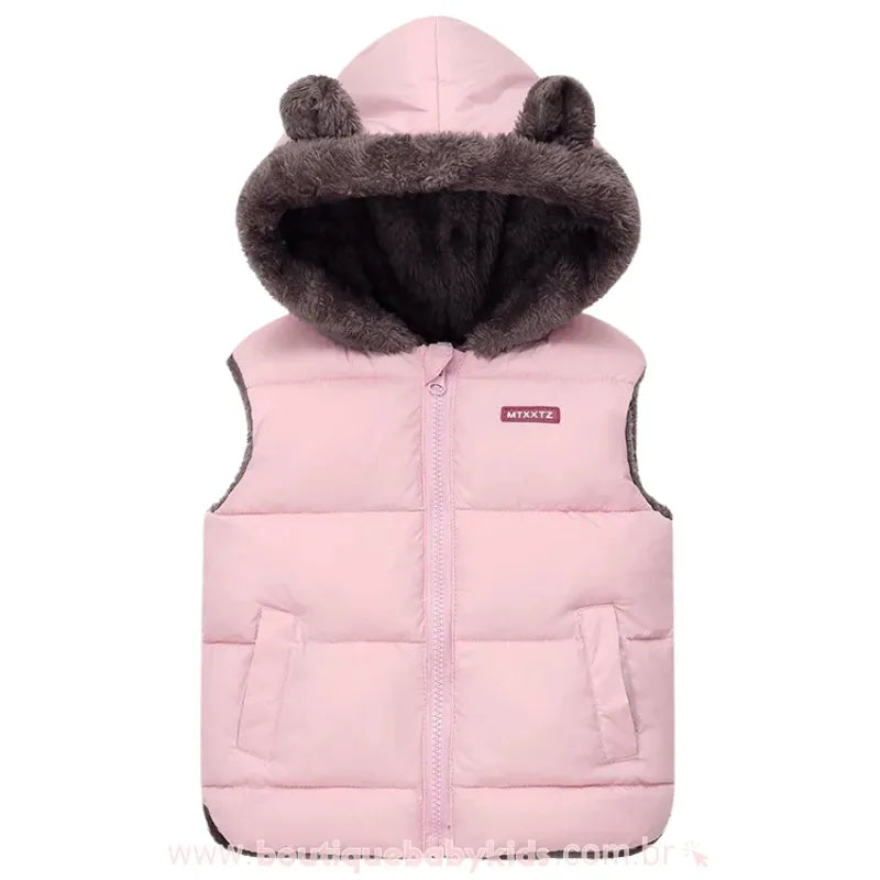 Colete Infantil Corta Vento Forrado Ursinho com Capuz Rosa - Boutique Baby Kids 