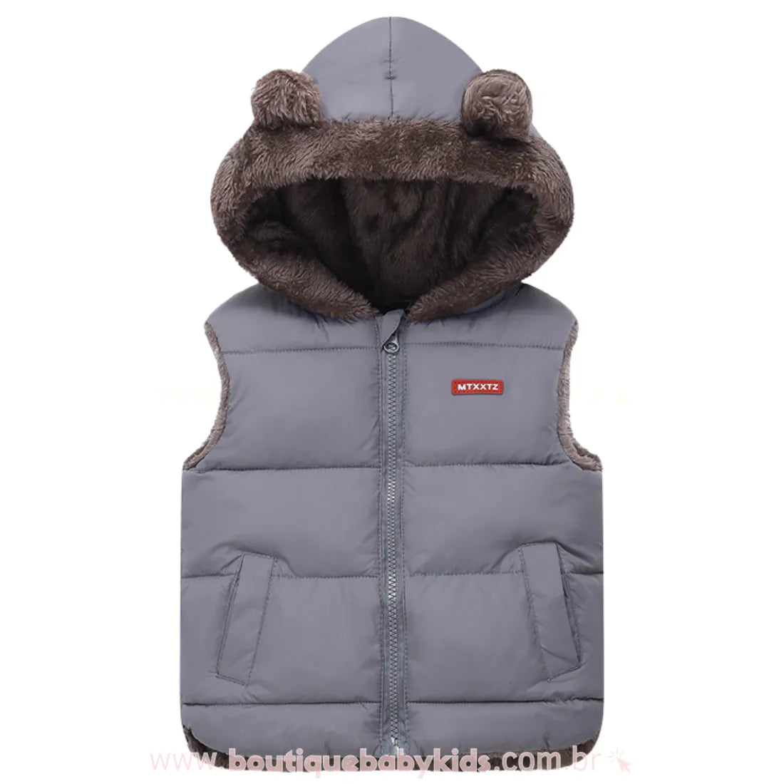 Colete Infantil Corta Vento Forrado Ursinho com Capuz Cinza - Boutique Baby Kids 