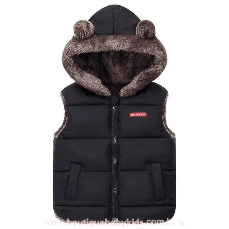 Colete Infantil Corta Vento Forrado Ursinho com Capuz Preto - Boutique Baby Kids #preto