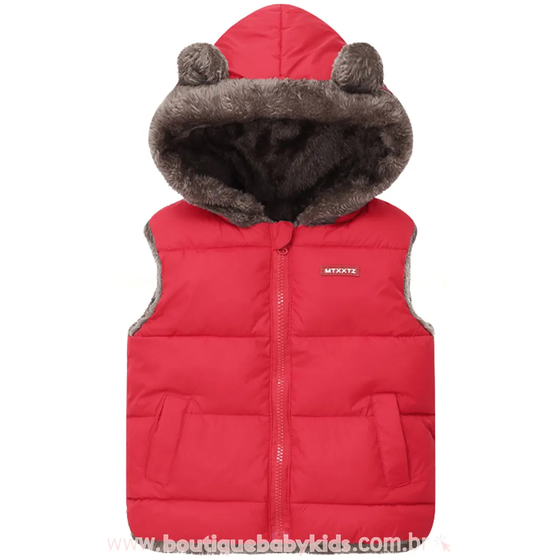 Colete Infantil Corta Vento Forrado Ursinho com Capuz Vermelho - Boutique Baby Kids 