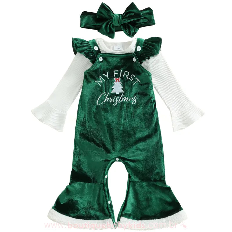 Conjunto Bebê 'My First Christmas' em Veludo Verde - Boutique Baby Kids 
