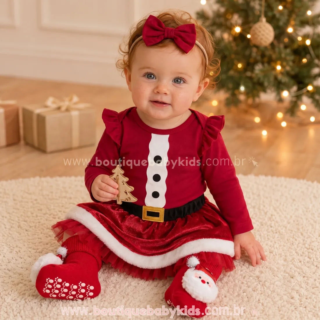 Conjunto Bebê Pequena Mamãe Noel com Body e Saia - Boutique Baby Kids