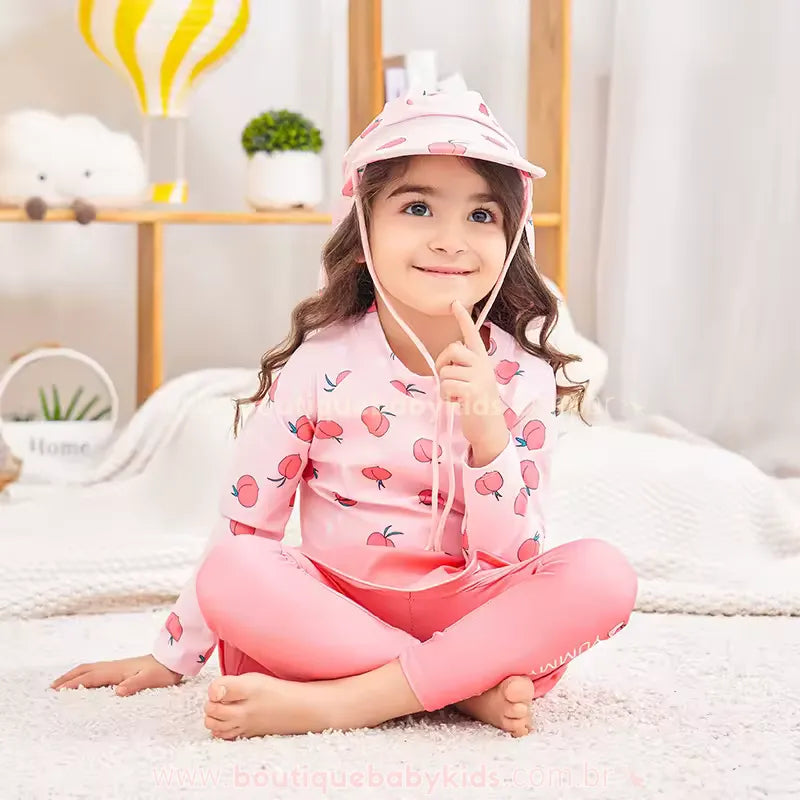 Conjunto de Praia Infantil Summer Peaches com Chapéu Rosa - Boutique Baby Kids