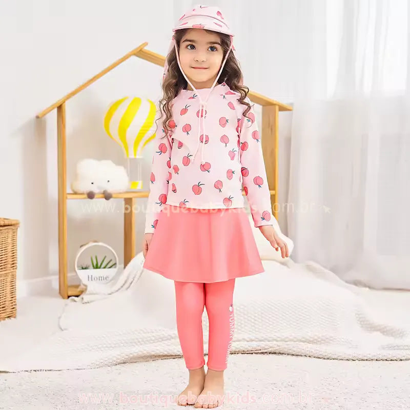 Conjunto de Praia Infantil Summer Peaches com Chapéu Rosa - Boutique Baby Kids