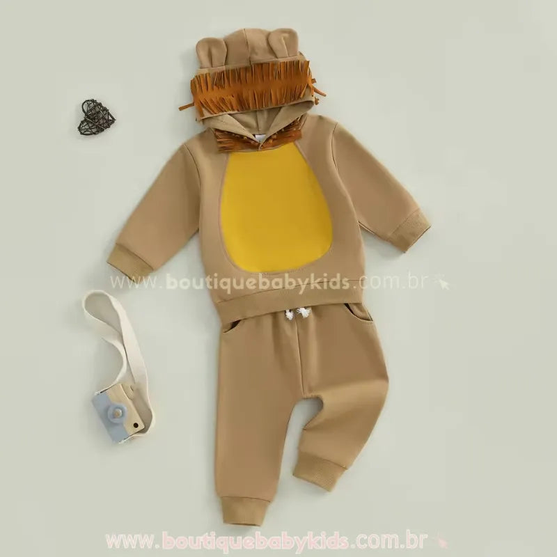 Conjunto Infantil Longo Leãozinho Selvagem Marrom com Capuz 3D - Boutique Baby Kids