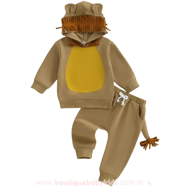 Conjunto Infantil Longo Leãozinho Selvagem Marrom com Capuz 3D - Boutique Baby Kids