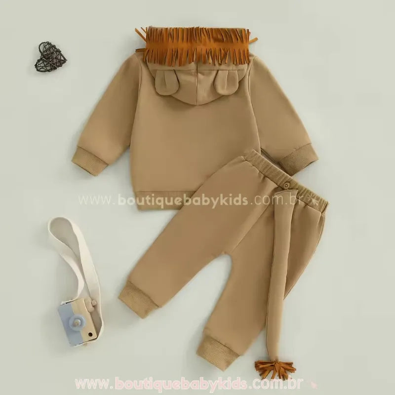 Conjunto Infantil Longo Leãozinho Selvagem Marrom com Capuz 3D - Boutique Baby Kids