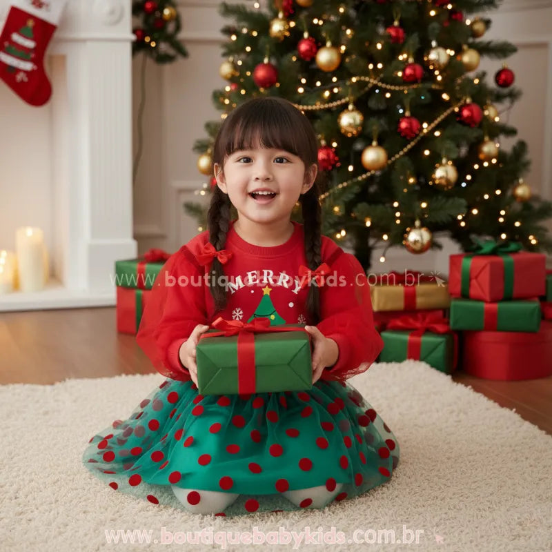 Conjunto Infantil Natalino 'Merry Christmas' com Saia Tule - Boutique Baby Kids