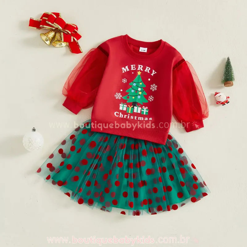 Conjunto Infantil Natalino 'Merry Christmas' com Saia Tule - Boutique Baby Kids