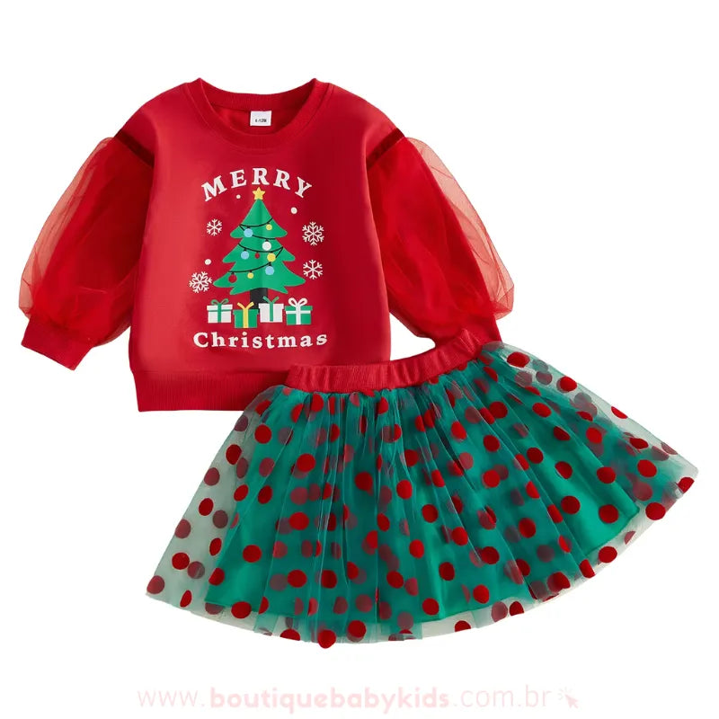 Conjunto Infantil Natalino 'Merry Christmas' com Saia Tule - Boutique Baby Kids