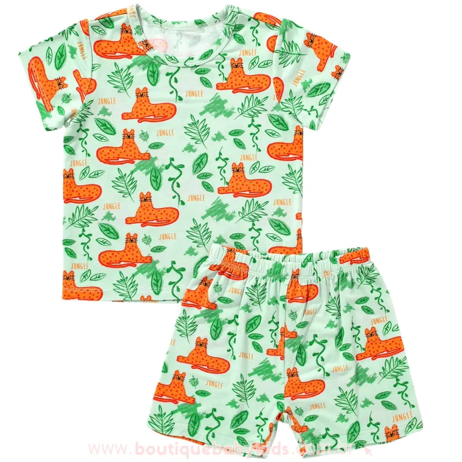 Conjunto Infantil Oncinha Jungle com camiseta e short em fibra de bambu – estampa lúdica e toque suave | Boutique Baby Kids