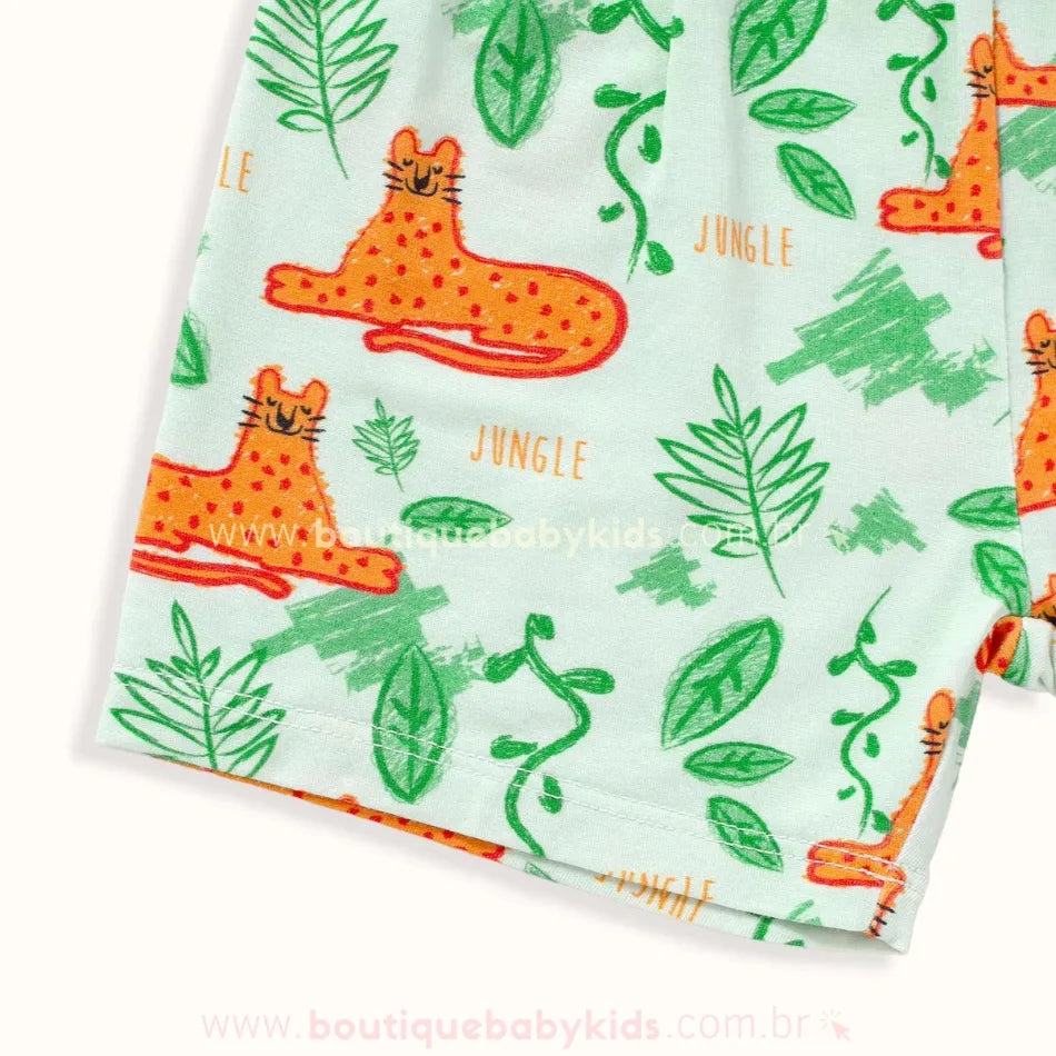 Barra do short do Conjunto Infantil Oncinha Jungle com estampa de oncinha e folhagens verdes – fibra de bambu | Boutique Baby Kids