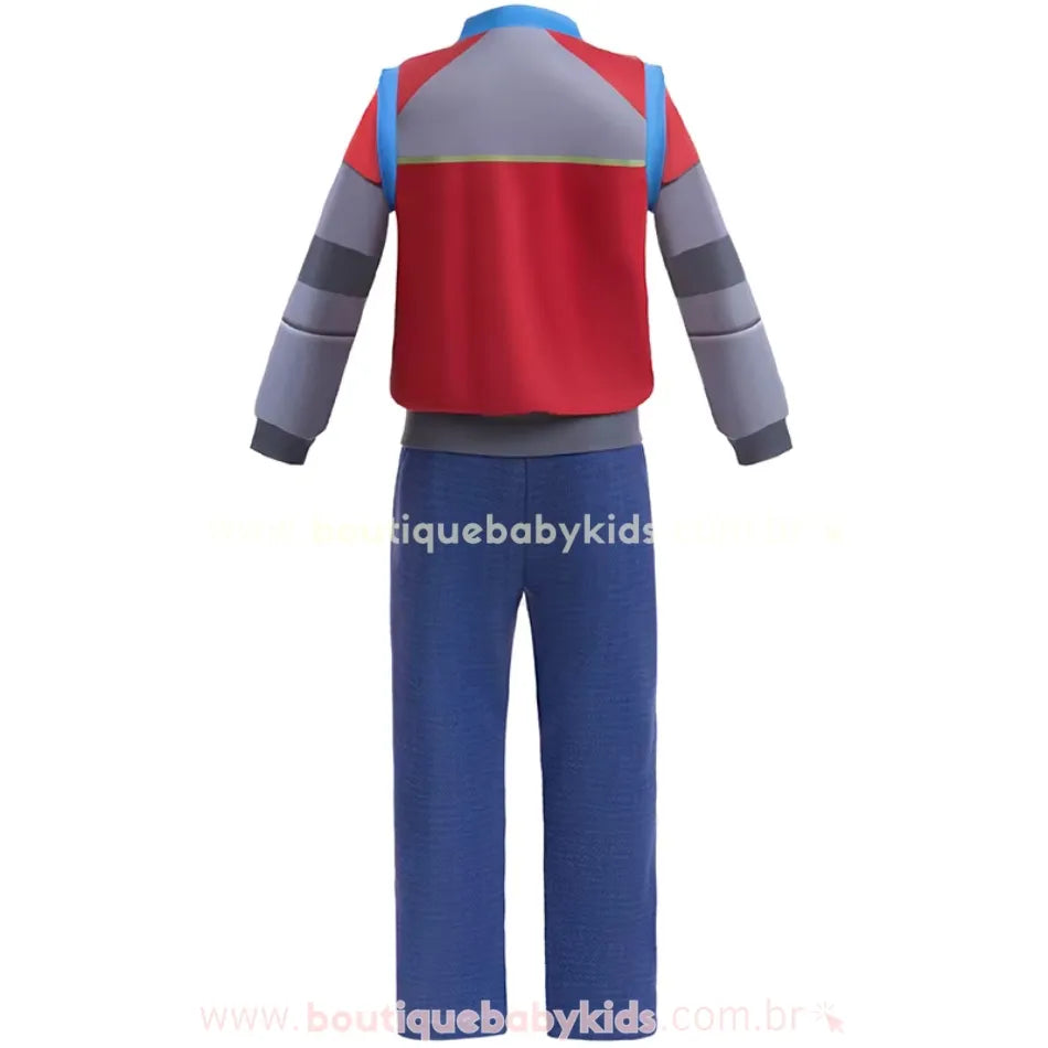 Parte traseira do conjunto infantil temático Ryder Patrulha Canina, mostrando o design da jaqueta em tons de vermelho e cinza, com detalhes em azul e gola redonda.