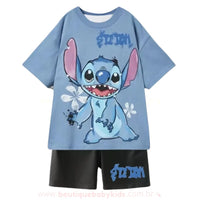 Conjunto infantil temático do Stitch com camiseta azul estampada e short preto – Boutique Baby Kids