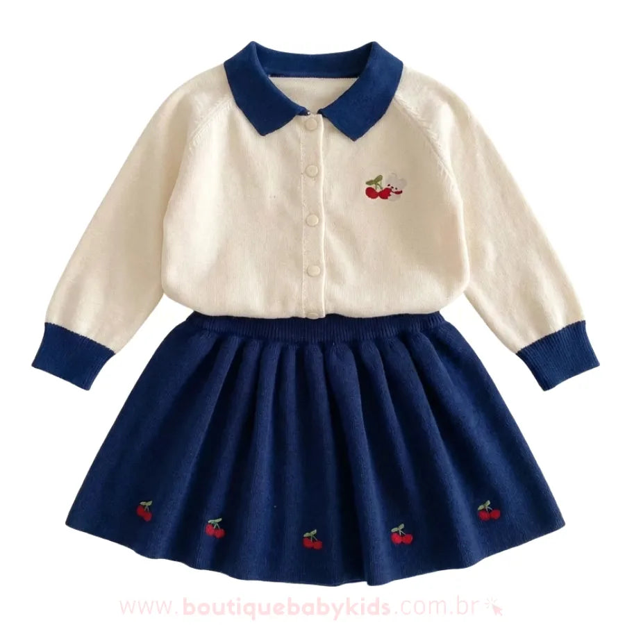 Conjunto Infantil Tricot Bordado Cerejinhas