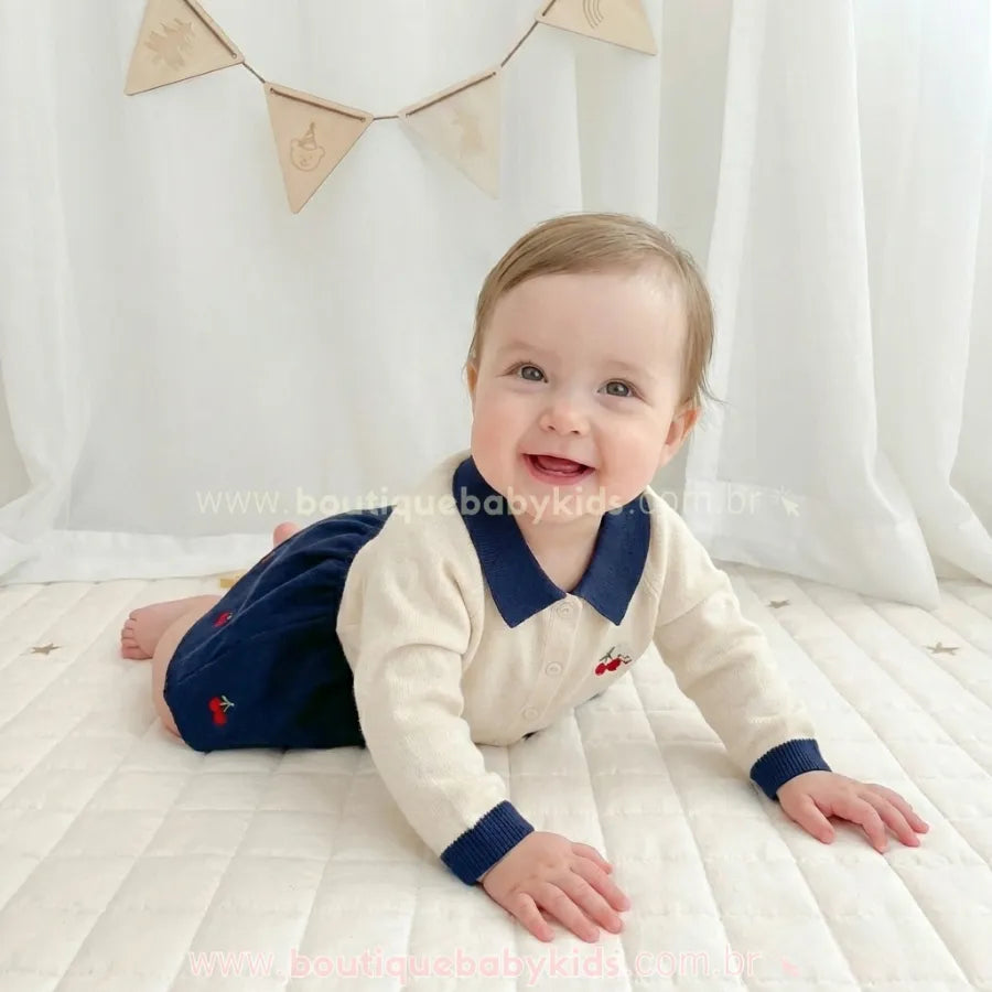 Conjunto Infantil Tricot Bordado Cerejinhas
