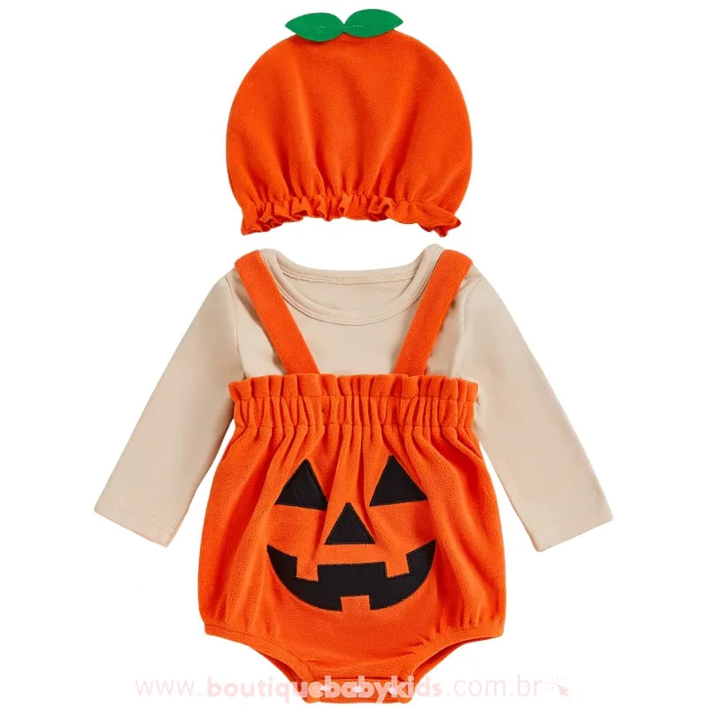 Conjunto Bebê Temático Halloween Abóbora Doce com Touca Laranja - Boutique Baby Kids