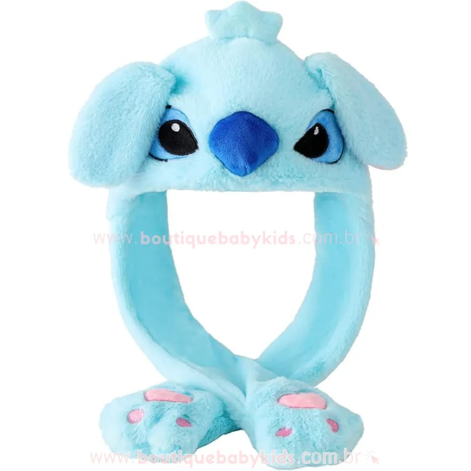 Gorro de pelúcia Stitch azul claro com orelhas caídas e patinhas com corações rosa - Boutique Baby Kids