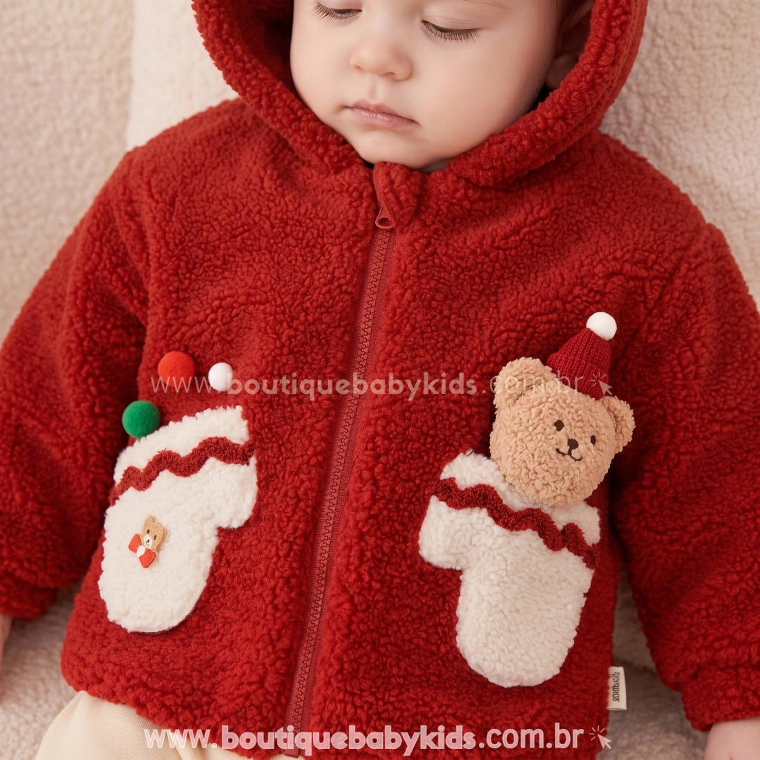Jaqueta Bebê Natalina Pelúcia Vermelha com Capuz - Boutique Baby Kids