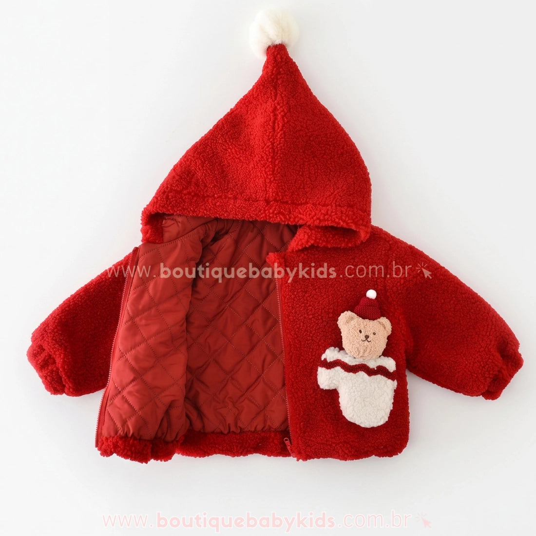 Jaqueta Bebê Natalina Pelúcia Vermelha com Capuz - Boutique Baby Kids