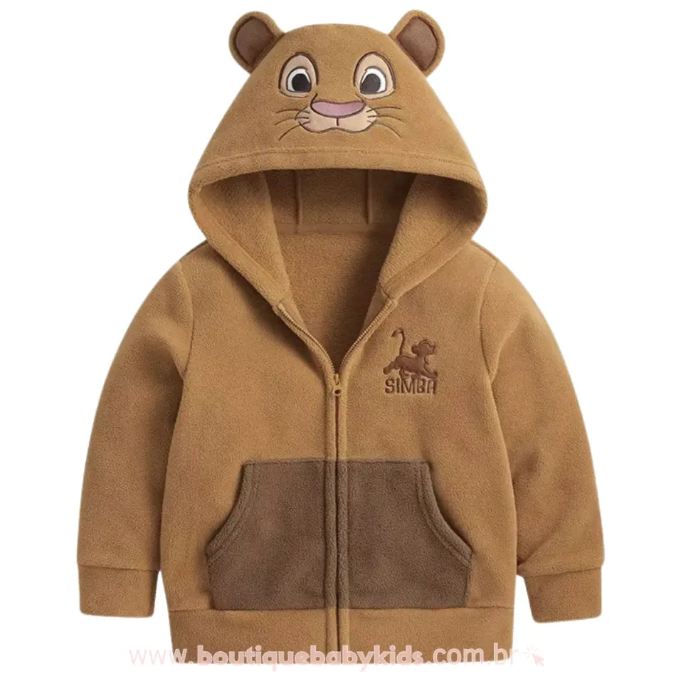 Jaqueta infantil peluciada Simba Rei Leão com capuz 3D e bolsos contrastantes - Boutique Baby Kids