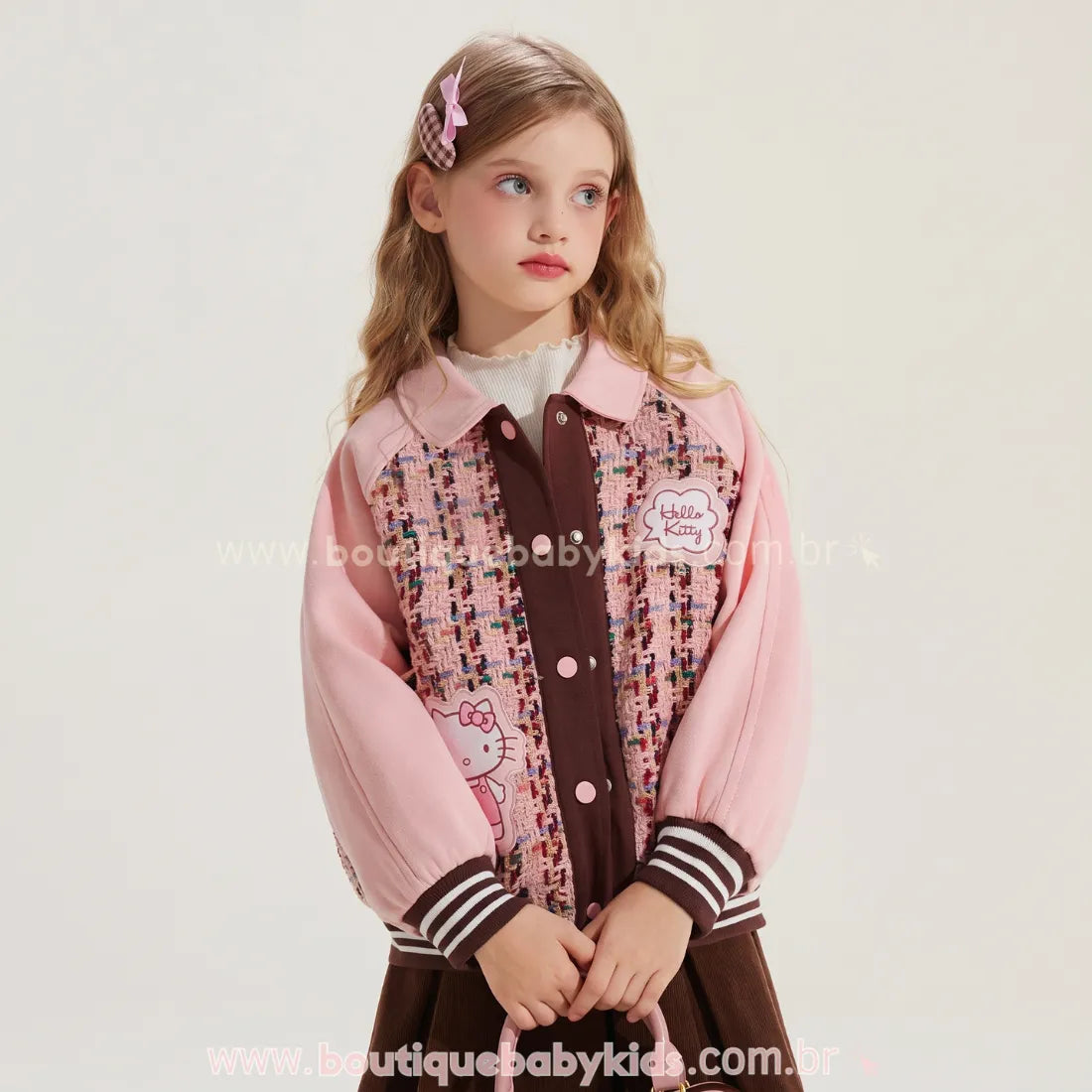 Jaqueta Infantil Hello Kitty College Rosa e Marrom - Boutique Baby Kids