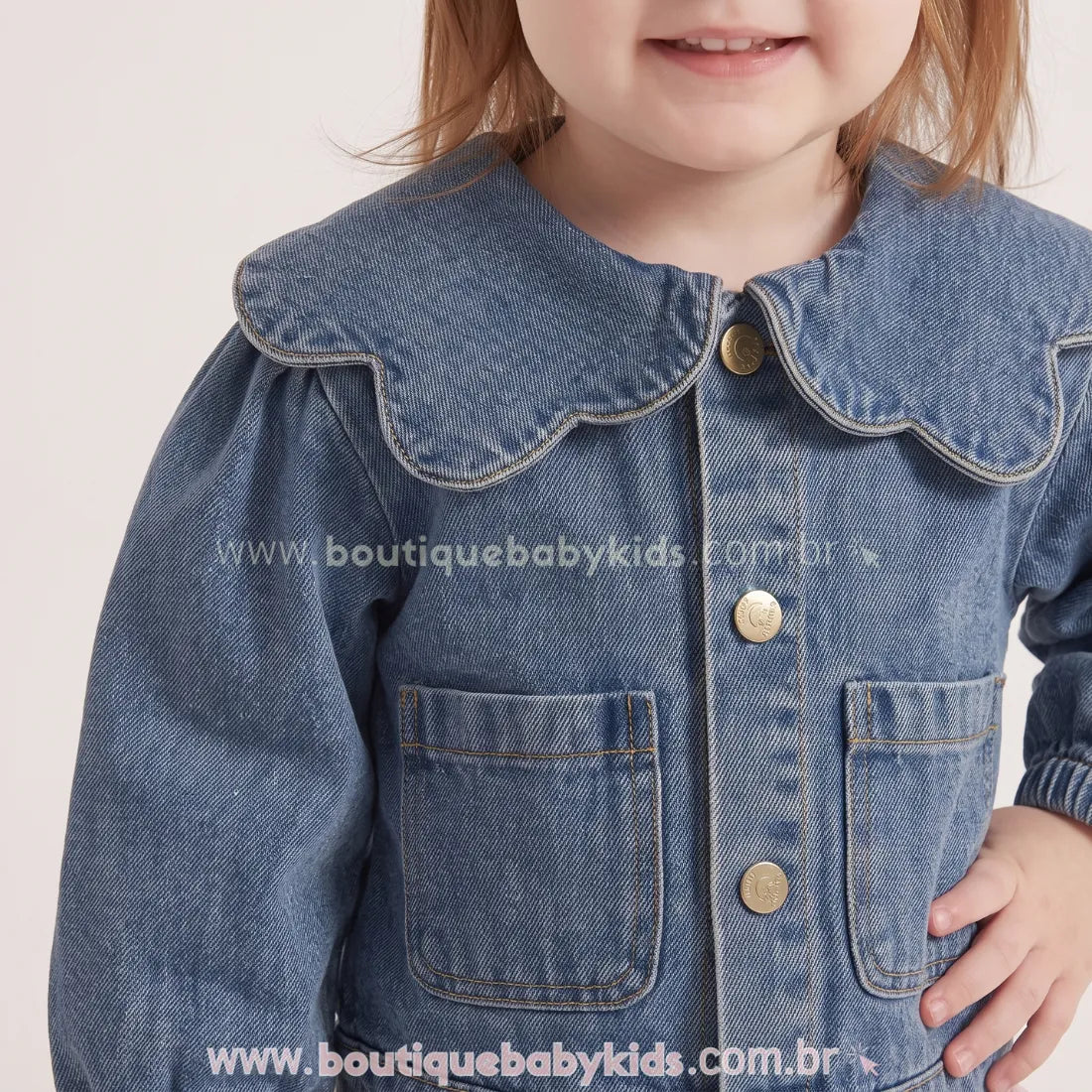Jaqueta Infantil Jeans Gola de Pétalas com Manga Bufante - Boutique Baby Kids