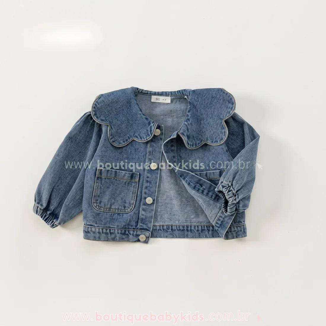 Jaqueta Infantil Jeans Gola de Pétalas com Manga Bufante - Boutique Baby Kids