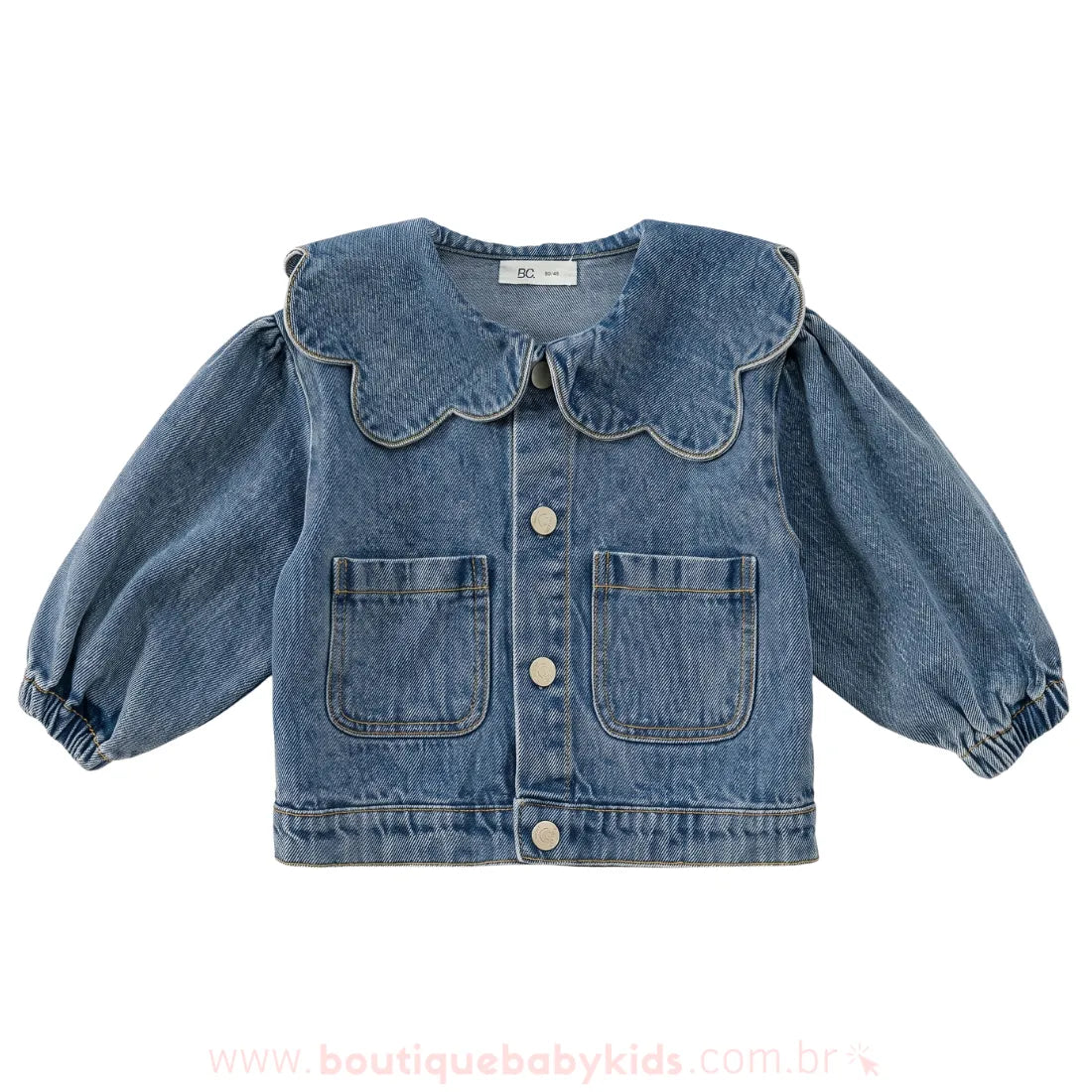 Jaqueta Infantil Jeans Gola de Pétalas com Manga Bufante - Boutique Baby Kids