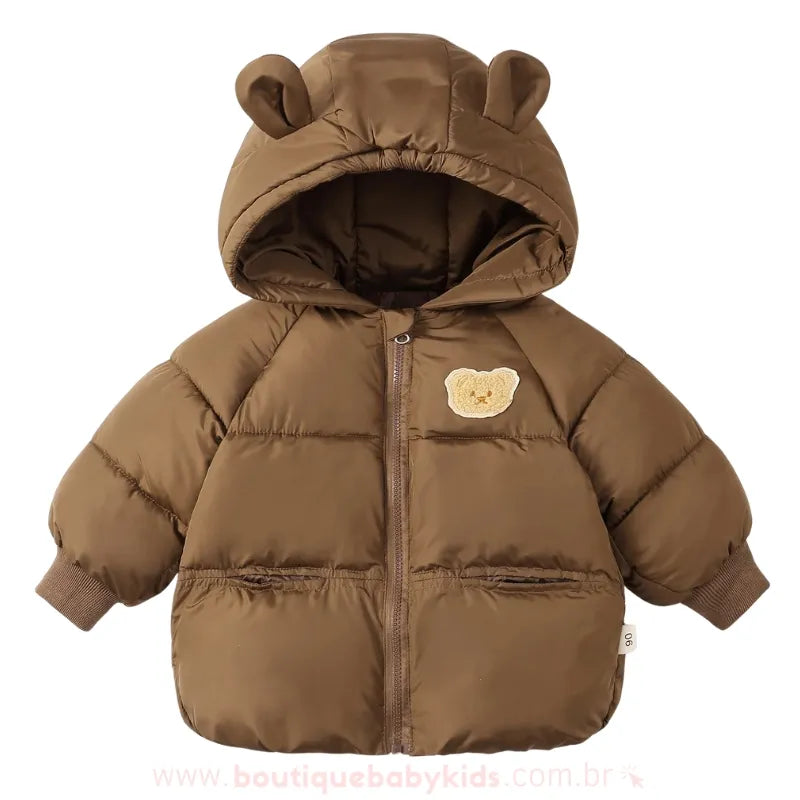 Jaqueta Infantil Puffer Ursinho Aconchego Capuz de Orelhinhas Marrom - Boutique Baby Kids 