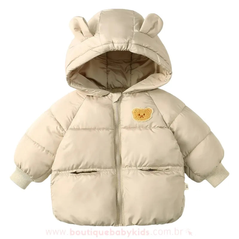 Jaqueta Infantil Puffer Ursinho Aconchego Capuz de Orelhinhas Bege - Boutique Baby Kids 