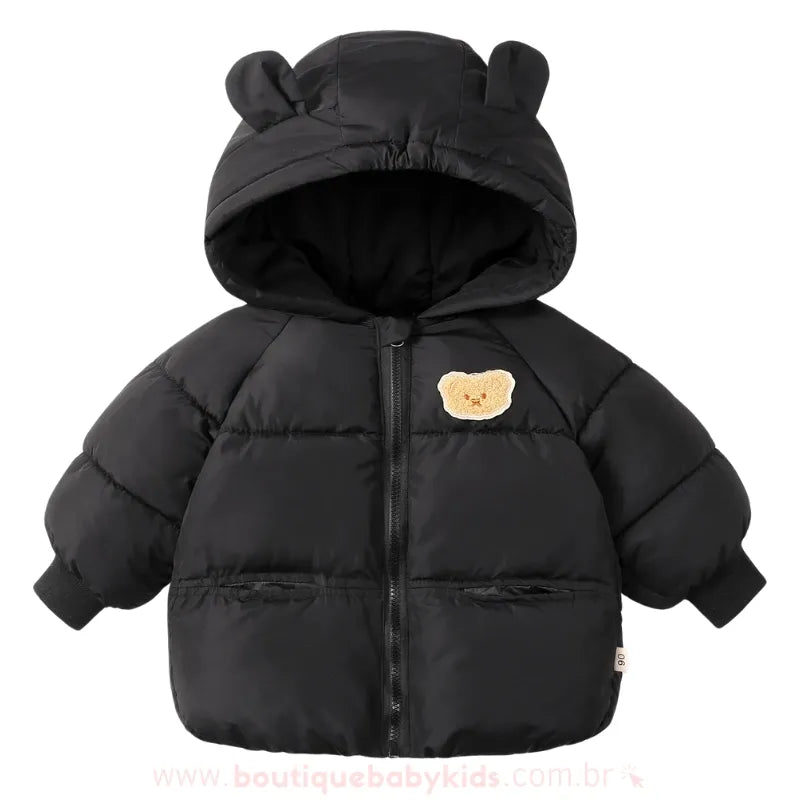 Jaqueta Infantil Puffer Ursinho Aconchego Capuz de Orelhinhas Preto - Boutique Baby Kids 