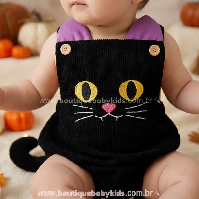 Jardineira Bebê Gatinho da Meia-Noite para Halloween - Boutique Baby Kids