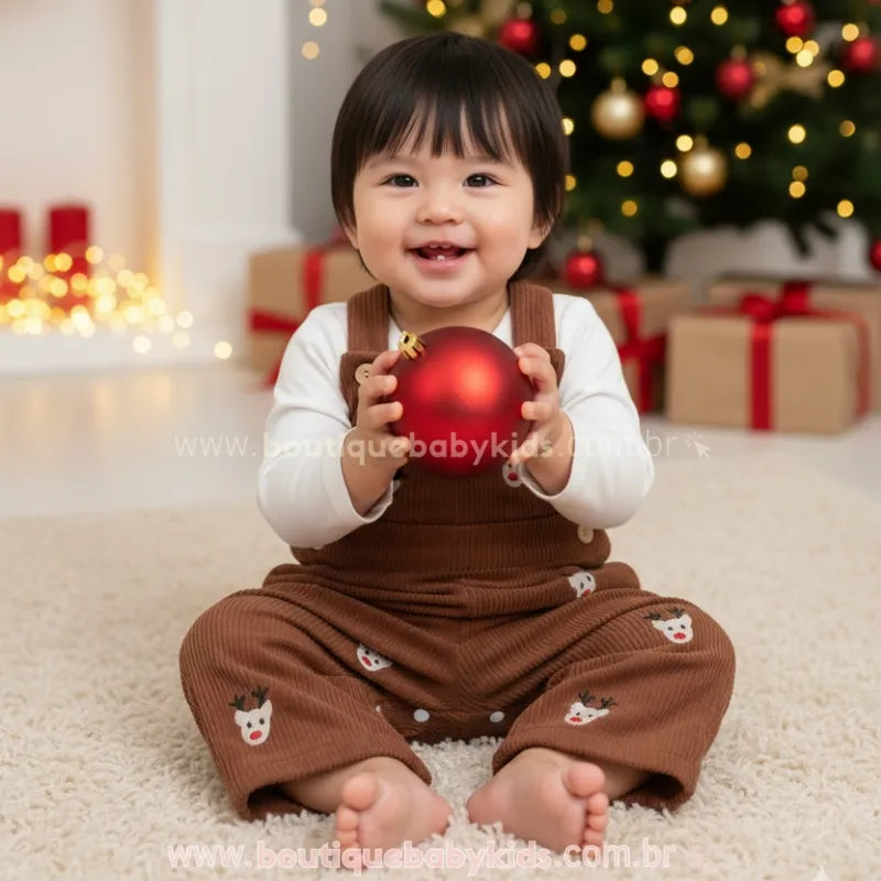 Jardineira Bebê Natal Divertido com Bordado de Reninhas Marrom - Boutique Baby Kids 