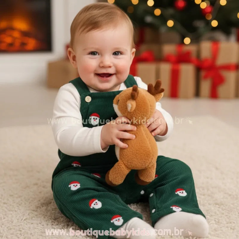 Jardineira Bebê Natal Divertido com Bordado de Papai Noel Verde - Boutique Baby Kids 