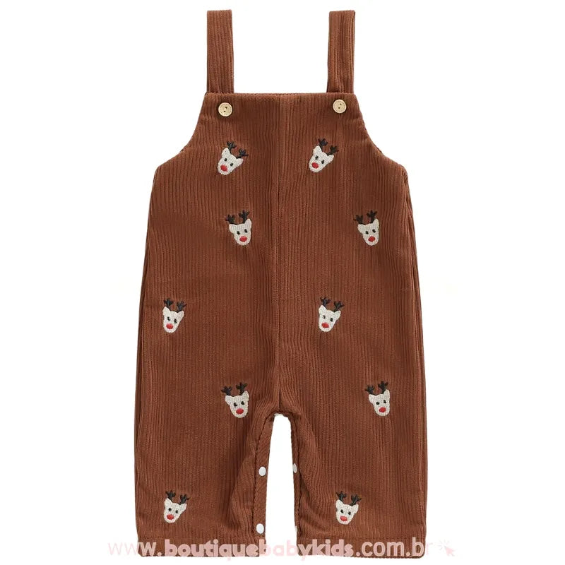 Jardineira Bebê Natal Divertido com Bordado de Reninhas Marrom - Boutique Baby Kids #marrom