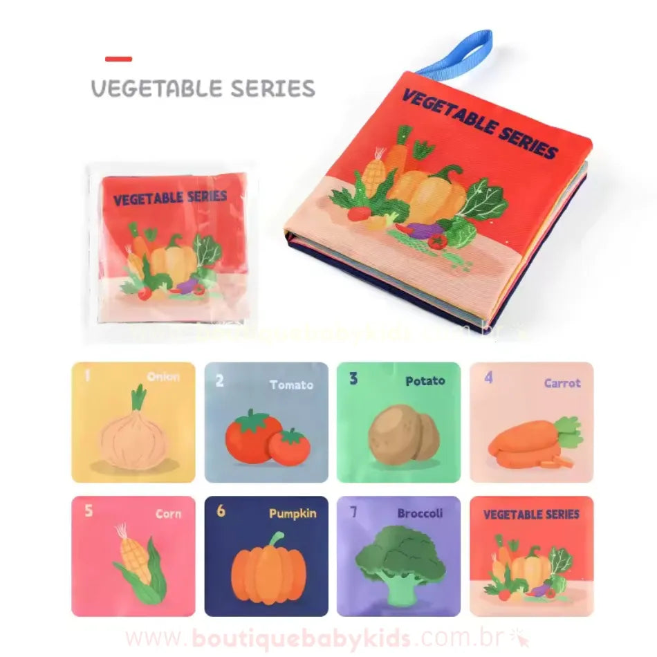 Livro sensorial com o tema Vegetais. Capa vermelha ilustrada com cenouras, tomates e outros vegetais. Páginas internas apresentam vegetais como batata, brócolis, cebola e milho.