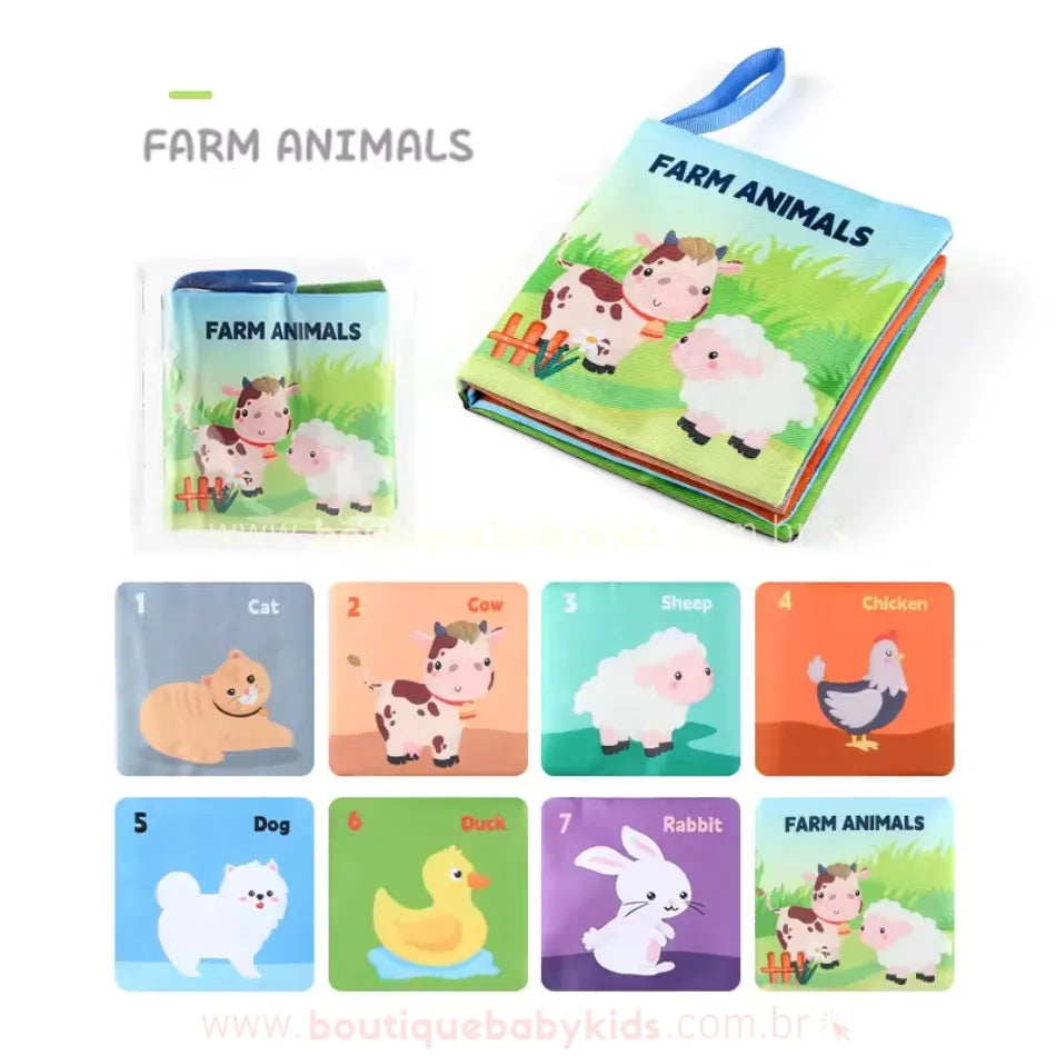 Livro sensorial com o tema Animais da Fazenda. Capa azul com ilustrações de vaca, ovelha e galinha. Páginas internas mostram outros animais típicos da fazenda.
