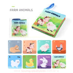 Livro sensorial com o tema Animais da Fazenda. Capa azul com ilustrações de vaca, ovelha e galinha. Páginas internas mostram outros animais típicos da fazenda.