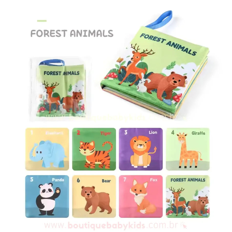 Livro sensorial com o tema Animais da Floresta. Capa verde ilustrada com veado, urso, raposa e outros animais. Páginas internas exibem diferentes bichos da floresta.