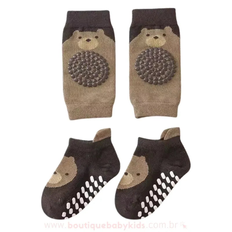 Kit Meia e Joelheira Primeiros Passos Bichinhos Ursinho Marrom - Boutique Baby Kids