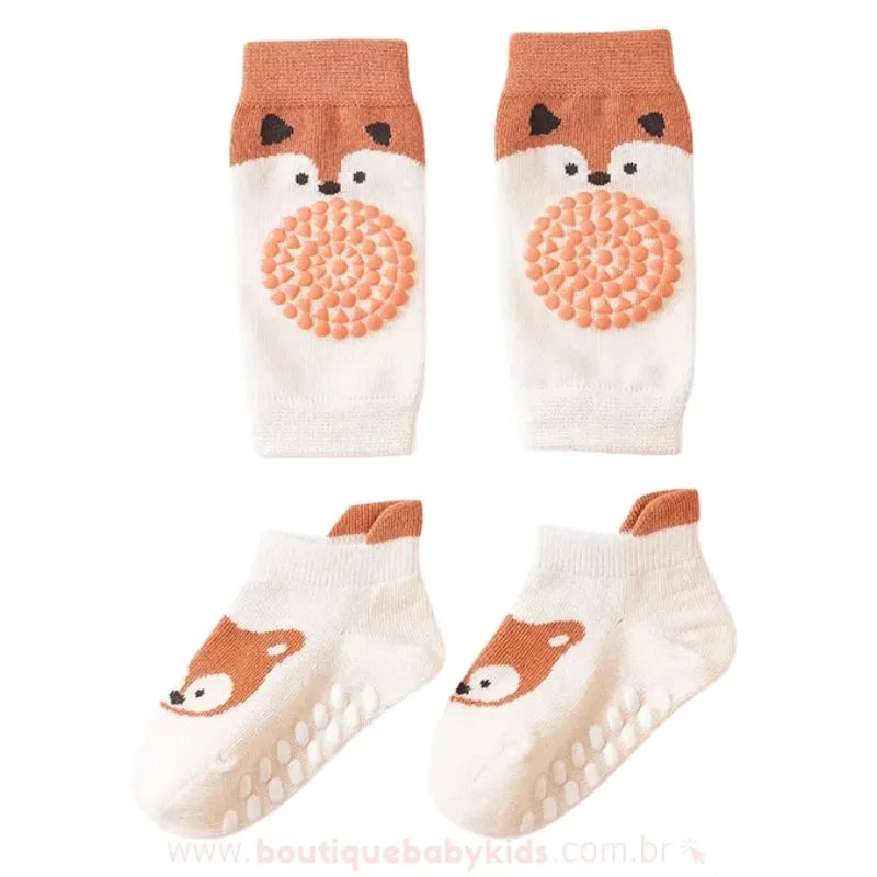 Kit Meia e Joelheira Primeiros Passos Bichinhos Raposa Laranja - Boutique Baby Kids