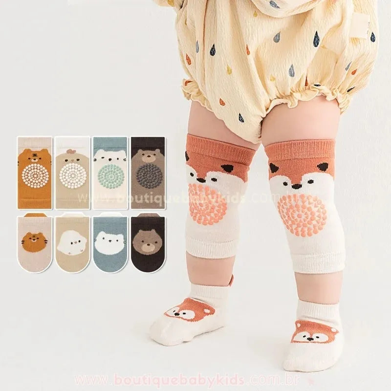 Kit Meia e Joelheira Primeiros Passos Bichinhos Antiderrapante - Boutique Baby Kids