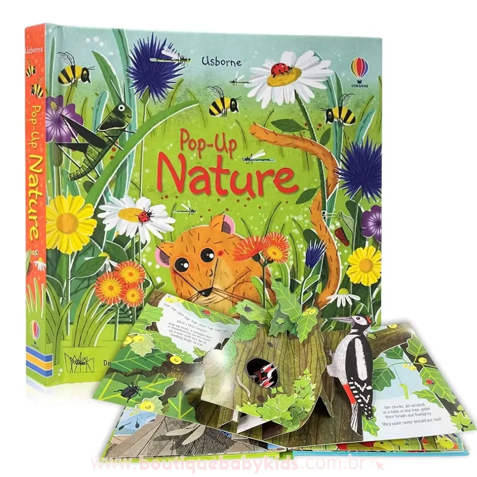 Capa do livro Pop-Up Nature da Usborne, com uma ilustração vibrante da natureza, incluindo flores coloridas, abelhas e um pequeno roedor. A imagem também mostra páginas abertas do livro, destacando os elementos pop-up tridimensionais.