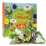 Capa do livro Pop-Up Nature da Usborne, com uma ilustração vibrante da natureza, incluindo flores coloridas, abelhas e um pequeno roedor. A imagem também mostra páginas abertas do livro, destacando os elementos pop-up tridimensionais.