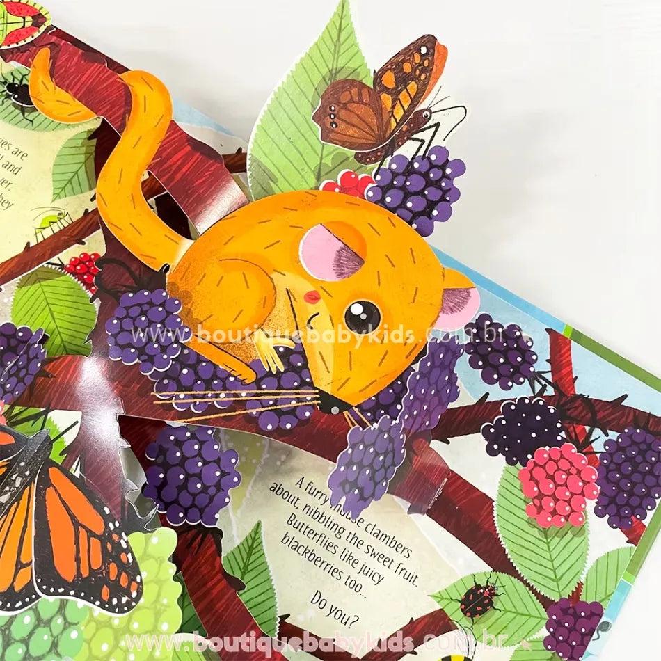Página do livro Pop-Up Nature com um adorável roedor laranja dormindo sobre galhos repletos de amoras, ao lado de uma borboleta. Os detalhes em pop-up criam um efeito tridimensional encantador.