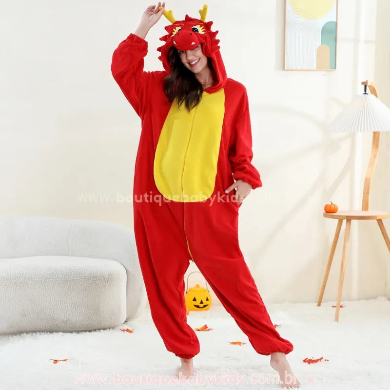Macacão Adulto Kigurumi Fantasia de Dragão de Fogo Vermelho - Boutique Baby Kids