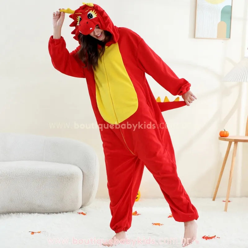 Macacão Adulto Kigurumi Fantasia de Dragão de Fogo Vermelho - Boutique Baby Kids